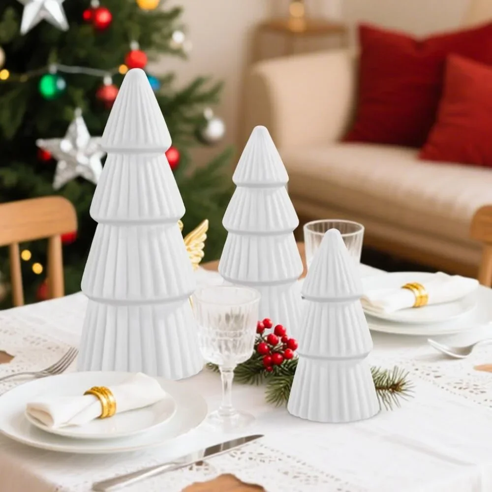 3 Pcs Velvet Ceramic Christmas Trees, Xmas White Modern Velvet Cone Decorations